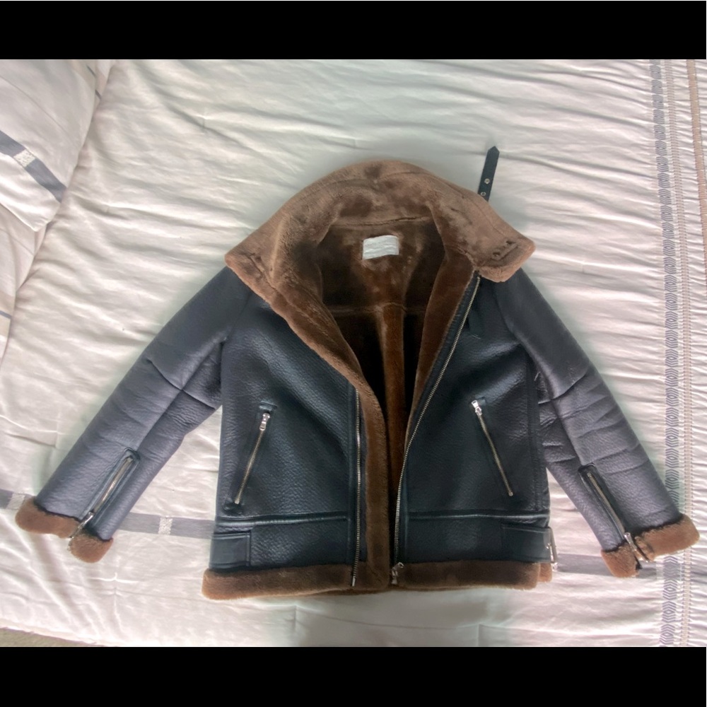 Zara LG Brown & Black Bomber Shearling Coat
